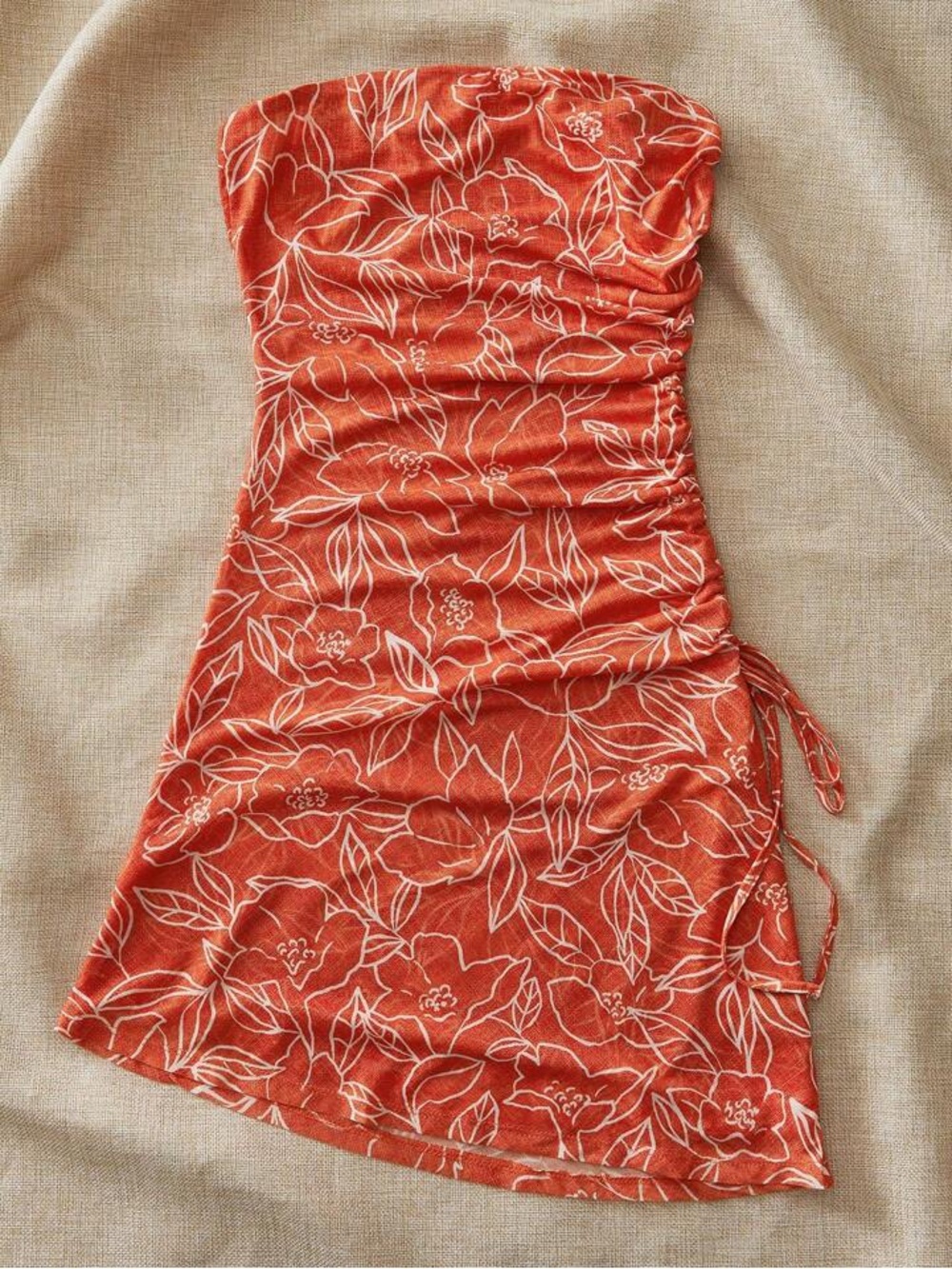 Strapless Ruched Floral Mini Dress - Orange Large